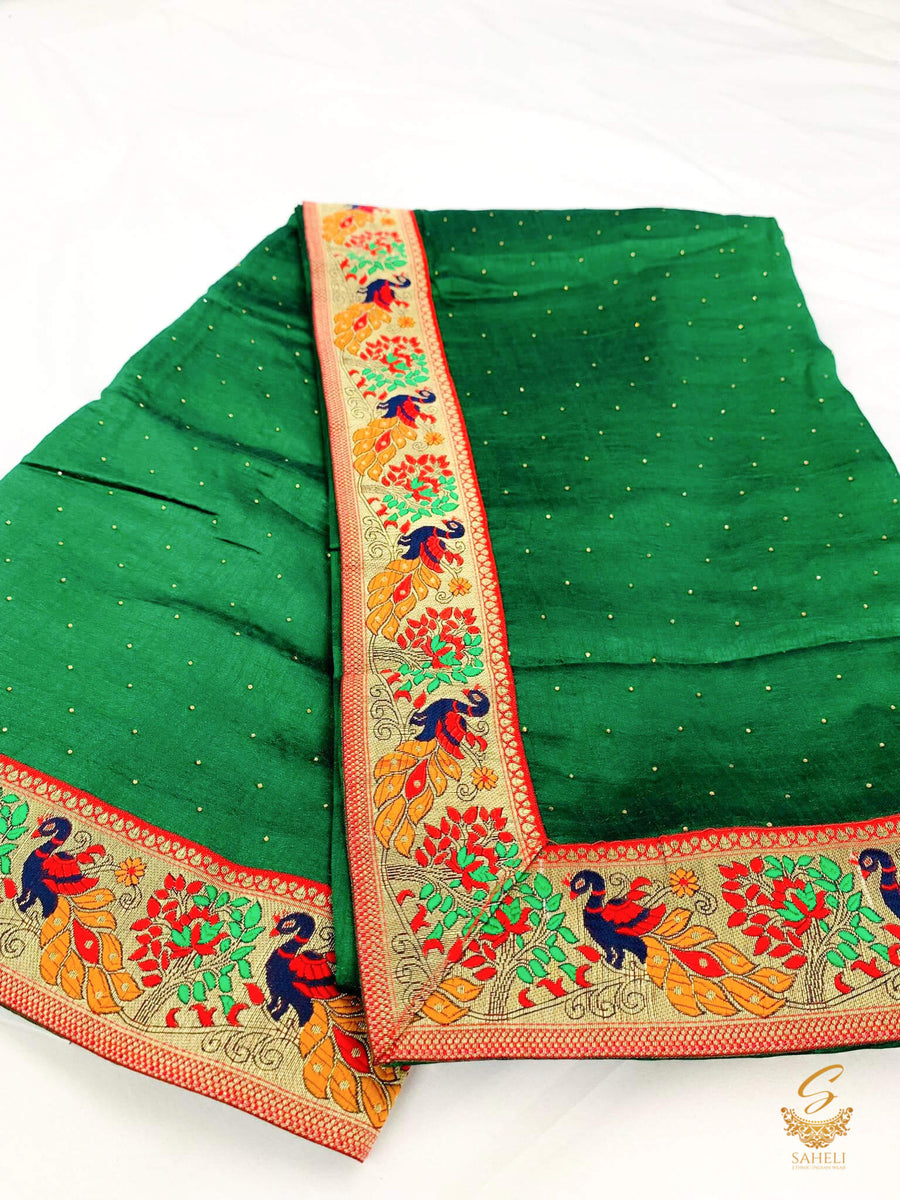 Bottle Green colour crepe silk based beautiful border with fine stone