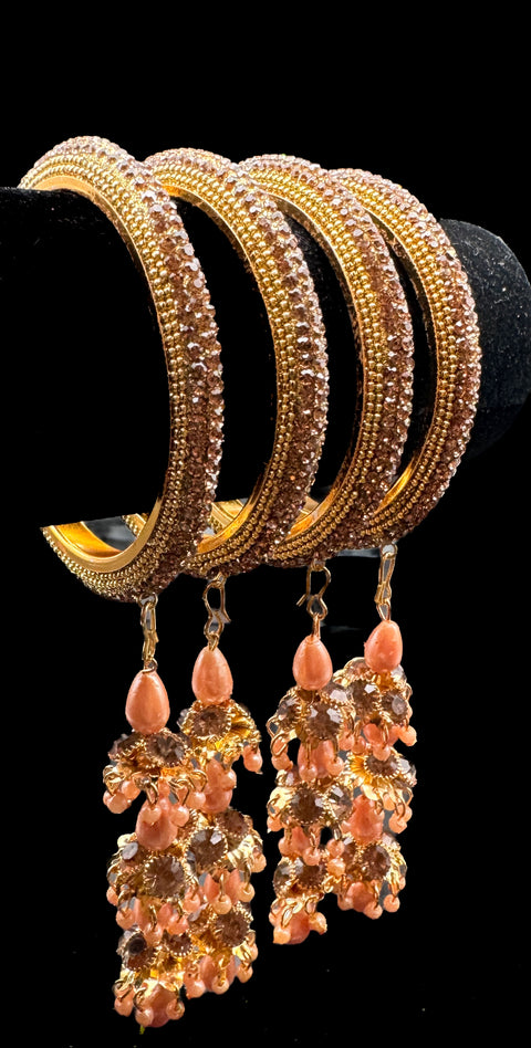 Beautiful Golden fine stone shiny Brass Bangles with Beautiful Latkan set (Sample picture attached at end to show it can be customised with plain Velvet or Metal Bangles)set of 4 Bangles