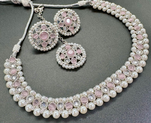 Kundan And Pearls Work Beautiful Necklace Set With studs & Tikka