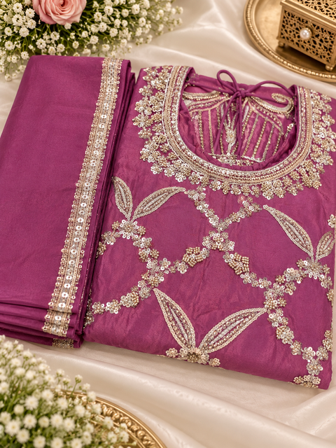 Heavy handwork & shiny stone work kameez with loose circular plazo and beautiful dupatta. Includes approximately 2-inch margin on both sides for size expansion. Slight variation in colour and design is possible