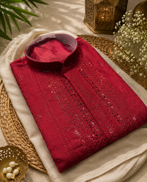 Soft malmal based beautiful embroidery work with sequins work designer Kurta with golden Pajama (slight variation in color and design is possible)