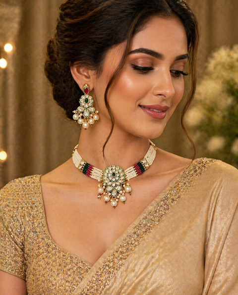 Elegant pearl choker set featuring intricate gold detailing and a statement original kundan-style centerpiece, paired with matching earrings for a timeless look.Perfect blend of tradition and sophistication