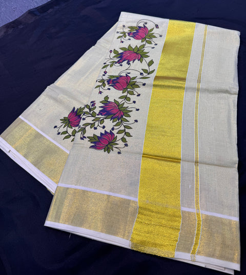 KERALA Gold Tissue SAREE WITH BEAUTIFUL FLORAL PRINT