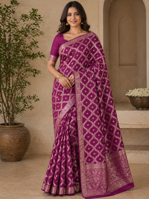 Pure chiffon based Beautiful zari work Banarasi look Saree (Blouse Shown Is For Reference Only.The Blouse Piece Is Included With Saree As Unstitched)