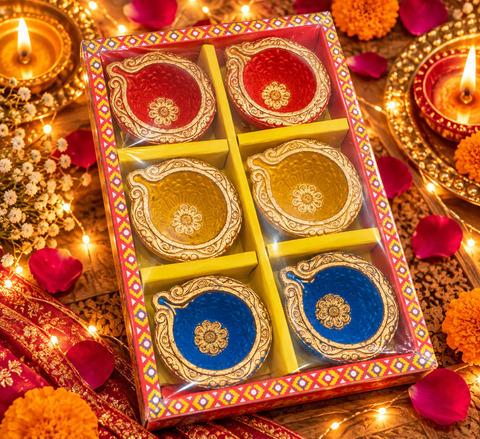 Elegant 6-Piece Diya Candle Set with colourful festive design and gold detailing, perfect for Diwali décor and gifting. Slight handmade variations may occur.