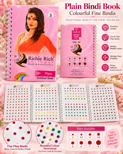 Beautiful Richie Rich Shringar plain round bindis in a variety of vibrant colours. Fine, neat finish with strong adhesive, perfect for everyday wear and special occasions.
Size: 3 (Small & Fine)
Quantity: Approximately 960 bindi per book.