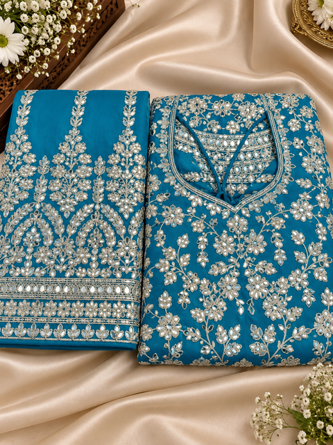 Georgette based heavy embroidery work with stones & mirror work kameez with heavy work circular palazzo and georgette dupatta.Slight variation in colour/design possible