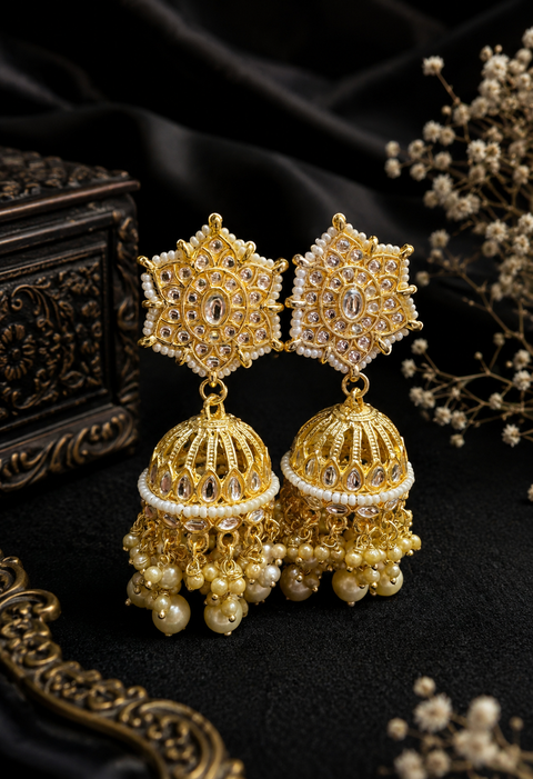Bigger size and lite weight Beautiful pearls with kundan work jhumka(slight variation in color and design is possible)