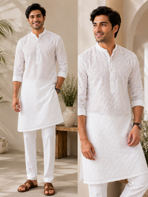 White colour cotton  based chikankari work kurta with white pajama(slight variation in color and design is possible)