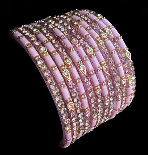 Lite Pink color Golden jerkan Stone beautiful Glass Bangles (1 Dozen in 1 pack ) Price per pack