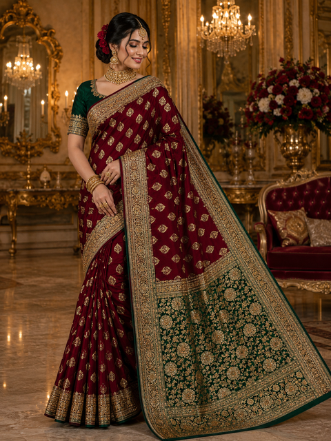 Luxurious Banarasi Silk Saree with rich zari weaving and elegant stone work on the pallu. Comes with an attached blouse piece. Model image is for reference only; slight variation in color and design may occur.