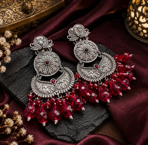 Beautiful oxidised earrings with colourful pearls ( slight variations in color and design is possible)