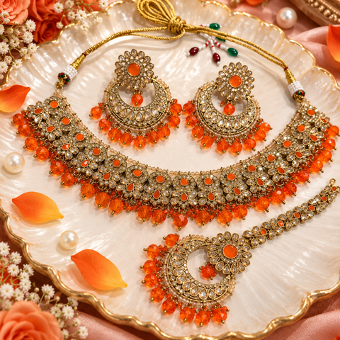 Beautiful polki stones with pearls and colorful stones necklace & earrings with Tikka. Slight variations in colour and design are possible