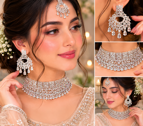 Silver Jerkan Stone Beautiful Necklace Set (slight variation in color and design is possible)