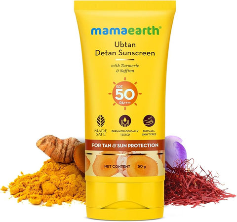 MAMAEARTH Ubtan Detan Sunscreen with SPF 50 & PA++++ | Broad Spectrum Protection | Helps Reduce Tanning with Turmeric & Saffron | Non-Greasy & Lightweight | 1.76 Oz/50g
