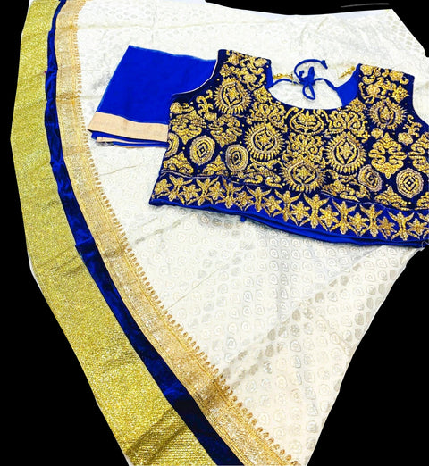 Royal Blue Colour Velvet Based Stone Work Blouse With Cream Colour Brocade Silk Based Lehnga