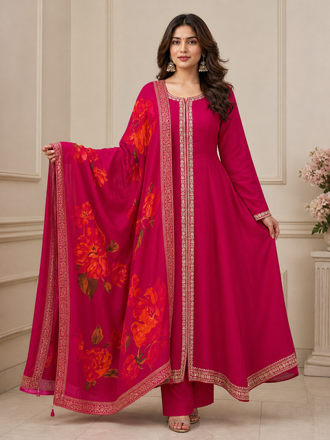 (Video Clip attached) Magenta Pink color Pure and soft Dola Silk based beautiful flared kameez with Plazo pants & floral print beautiful border soft silk Dupatta