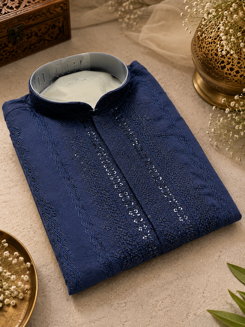 Soft malmal based beautiful embroidery work with sequins work designer Kurta with golden Pajama (slight variation in color and design is possible)