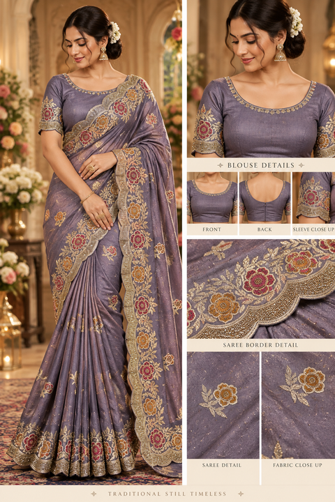 Dusty lavender Soft Silk Saree with a subtle shimmer, all-over delicate motifs and rich floral handwork on a scalloped border. Attached blouse piece included; model blouse is for reference only. Slight variation in colour and design is possible
