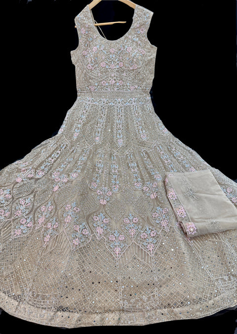 Netting Based Embroidery With Sequined Work Designer Flared Kameez /Gown And betting Based Embroidery Work Dupatta