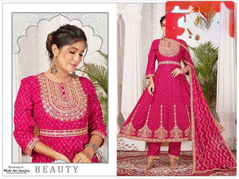 Rayon based embroidery work neck design flared kurti with pants & dupatta