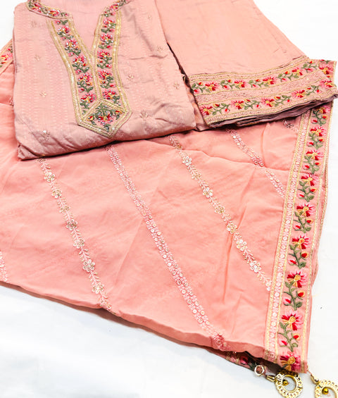 Cotton Silk based embroidery work designer kameez with embroidery design plazo pants and georgette based embroidery jaal dupatta