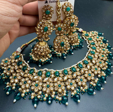 Polki stone with pearls beaded work beautiful necklace with jhumka and tikka set