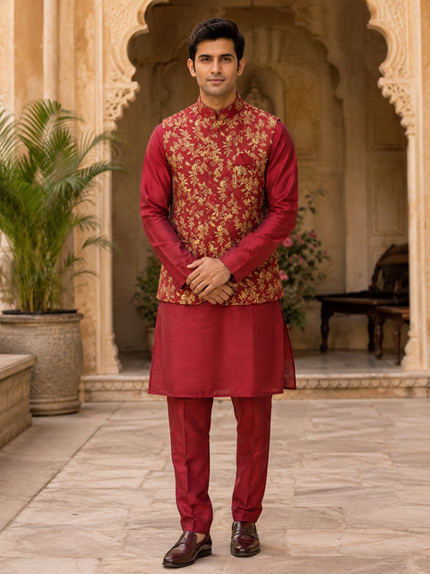 Elegant maroon kurta set with a premium floral jacquard Nehru jacket, perfect for weddings, festive occasions, and celebrations.
Slight variation in color and design may occur.