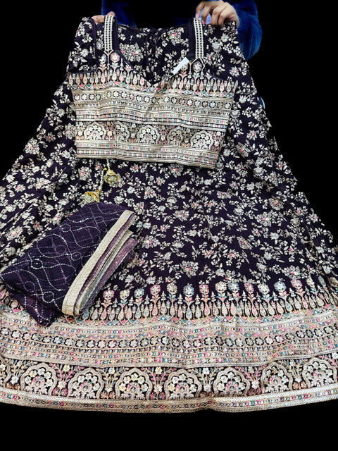 Georgette based embroidery work with sequins work all over lehnga and crop top designer blouse and netting sequined dupatta