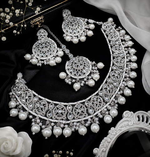 Original Polki stone with pearls beaded heavy work classy necklace with earrings and tikka set