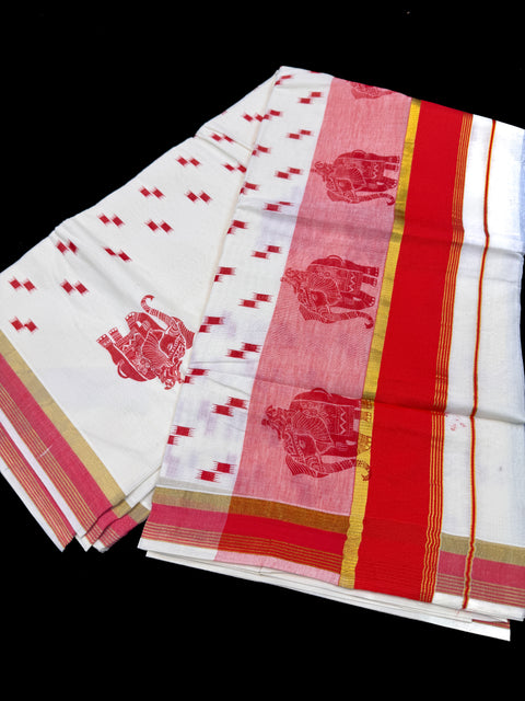 KERALA KASAVU COTTON SAREE WITH BEAUTIFUL ELEPHANT PRINT