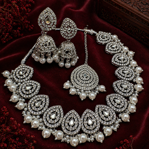 Jerkan stone with pearls beaded work beautiful necklace with jhumka and tikka set