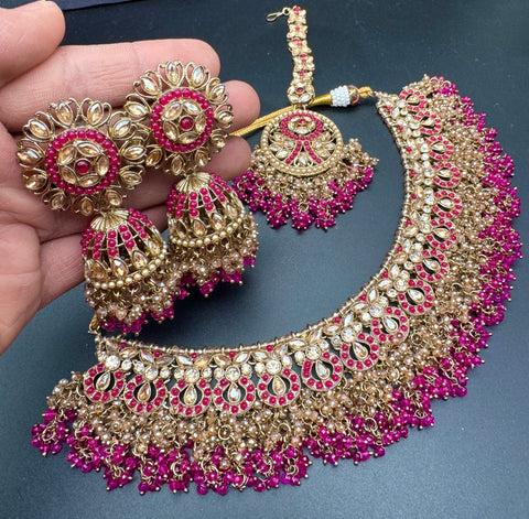 Original Polki stone with pearls beaded work beautiful necklace with jhumka and tikka set