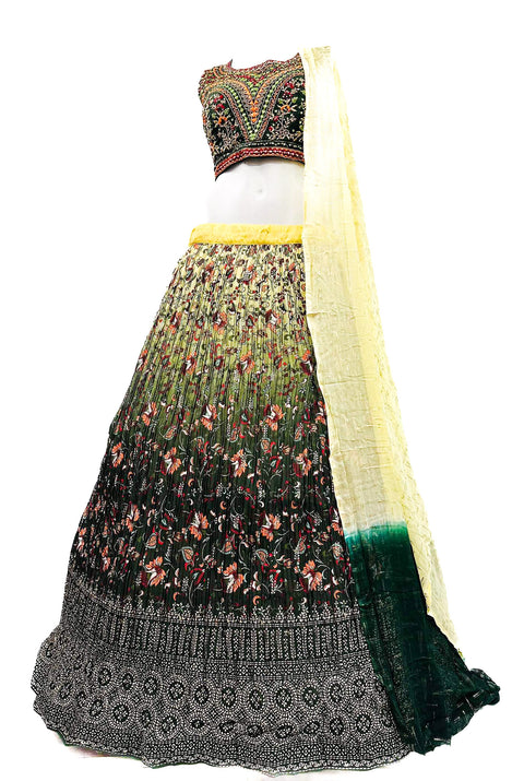Embroidery with mirror work designer blouse with multicolour printed lehnga with netting dupatta
