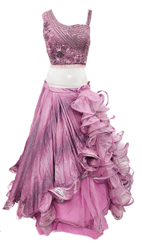 Designer cocktail crop top with handwork in sequinned princess blouse and heavy ken ken with ring inside fully fluff design Lehnga