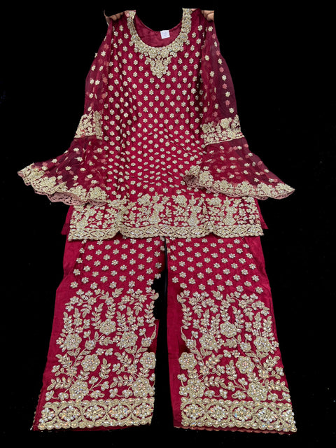 Cherry color Netting based Golden stones and embroidery work all over front & back of kameez with stone work and beautiful plazo pants with Long heavy work jacket& netting dupatta (Size 42 and can be altered upto 44)
