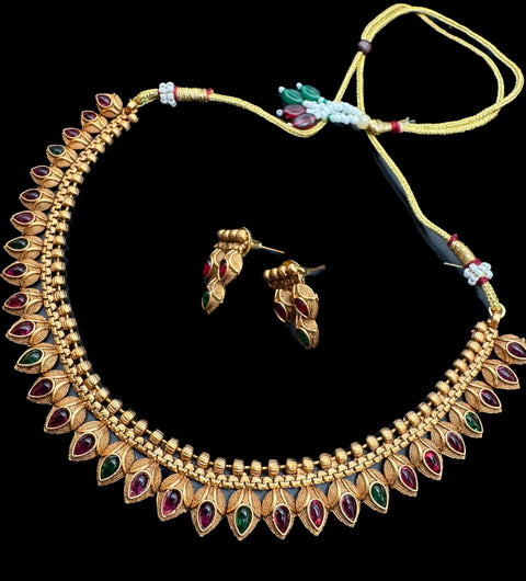 Mat look antique gold traditional necklace set with pearls and kundan work