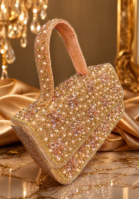 (video clip attached )bride special All over pearls beaded with Crystals Handwork designer hand bag with handle to carry