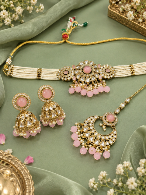 Beautiful Kundan stones with pearls and colorful stones choker necklace & Jhumka with Tikka. Slight variations in colour and design are possible.