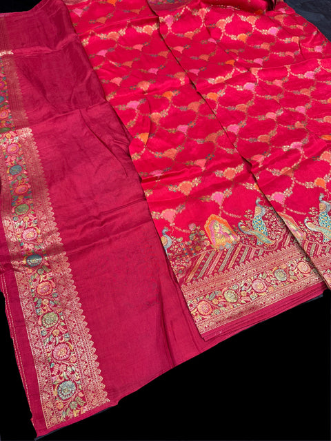 Red Multi Color Kashmiri Pashmina Silk Saree With Blouse Piece (very soft to set the pleates)