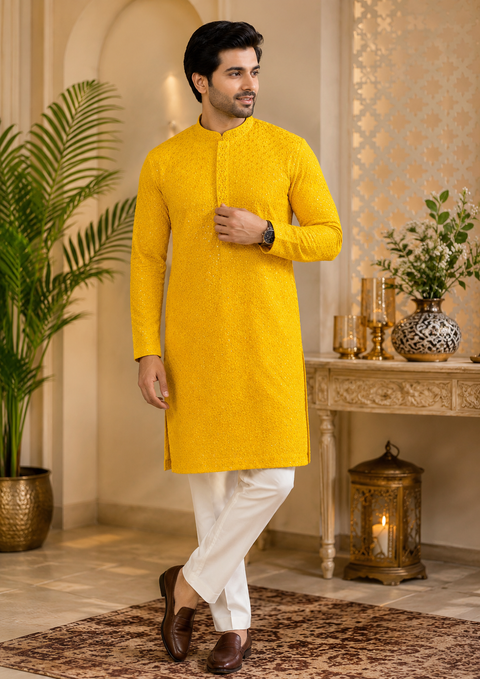 Pure and Soft Rayon based Heavy embroidery with sequined work designer Kurta with white Pajama (slight variation in color & design is possible)