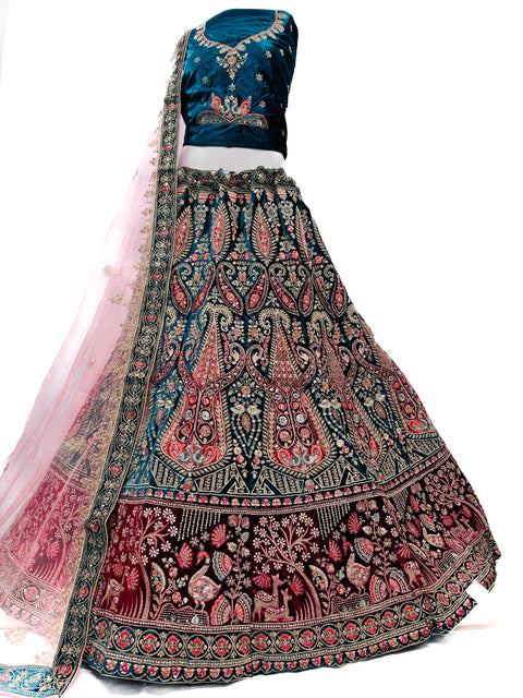 Peacock and Deer design Velvet based hand work with stones work embroidery work and original mirrors work design Heavy Ken ken Bridal designer lehnga with heavy handwork blouse and heavy work netting dupatta( video clip attached for reference )