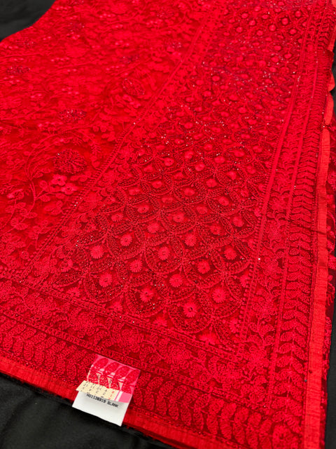 Netting based embroidery jaal all over with stone work designer saree