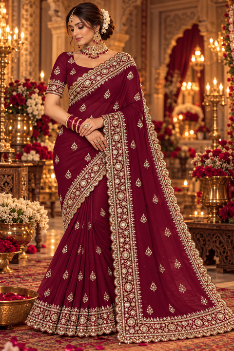 Georgette Saree featuring intricate embroidery, elegant stonework and a rich scalloped border with all-over motif detailing. Attached blouse piece included; model blouse is for reference only. Slight variation in colour and design is possible.