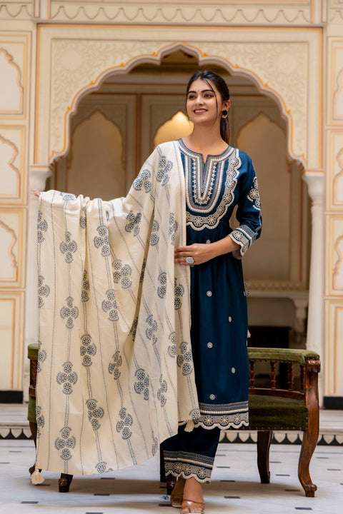 Pure Rayon based embroidery work with mirror work design Beautiful designer Kurti with embroidery work plazo pants & Printed Dupatta