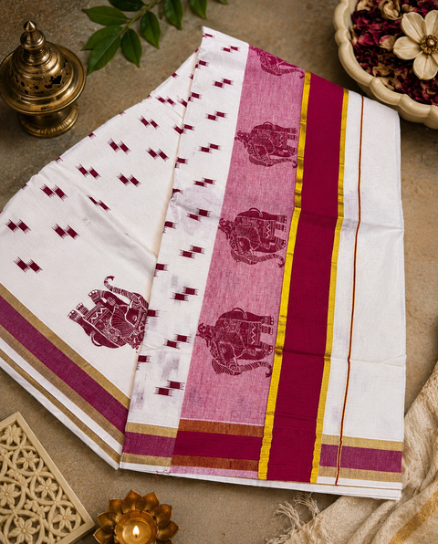 KERALA KASAVU COTTON SAREE WITH BEAUTIFUL ELEPHANT PRINT (slight variation in color & design is possible)