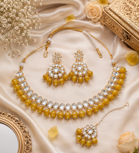 Pearls With kundan Work Necklace Set With Earrings & Tikka