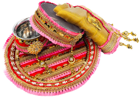 Decorated Karwachauth Thali Set (Thali, Channi, Lota(Kalash) Chunri )(Video Clip Attached )