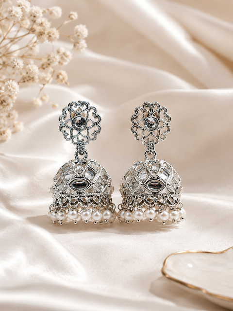 Silver stone with pearls oxidised Jhumka