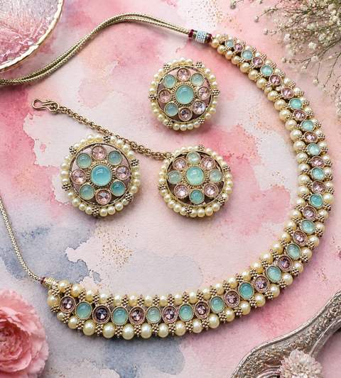 Polki And Pearls Work Beautiful Necklace Set With studs & Tikka